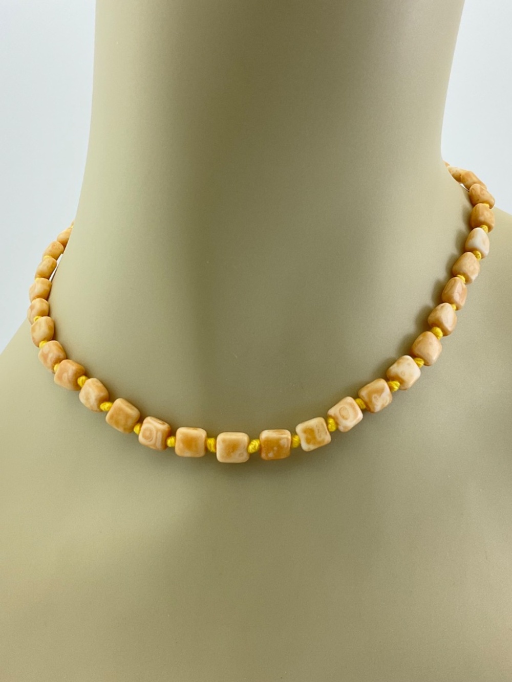 Vintage Beaded Choker, Tiny Tan Squares Hand Knotted on Yellow Thread